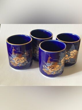 Set of 4 Vintage Otagiri Sake Tea Cups Blue Gold Floral Peacock 2”